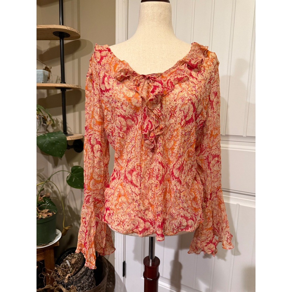 Vision Apparel Women's XL Silk Blend Ruffle Front Bell Sleeve Blouse Floral